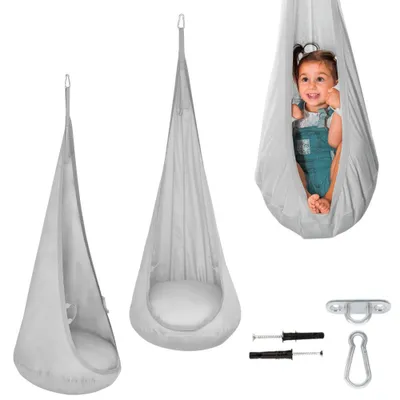 A collage of images showing a child in a hanging chair, the hanging chair itself, and mounting hardware.