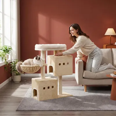 Produktbild von Fobyfurny 75 cm Kratzbaum, Katzenbaum, kratzbaum klein, Beige | Mehrstöckiger Kratzbaum mit Sitzstange, Katzenhausmöbel mit 2 Höhlen