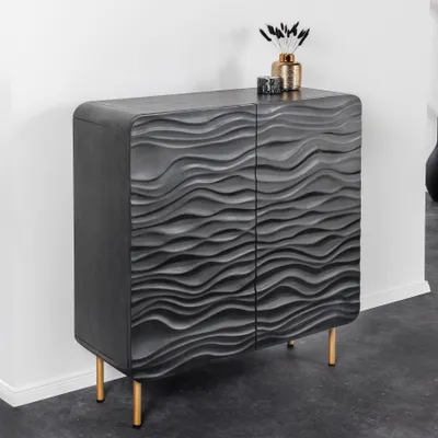 Produktbild von riess-ambiente Design Highboard WAVE 120cm schwarz Mangoholz mit 3D Schnitzereien mattgold Metallbeine Anrichte Schrank Kommode