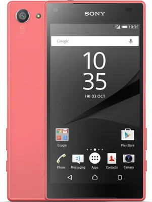 A coral Sony Xperia Z5 Compact smartphone is shown from the front and side.