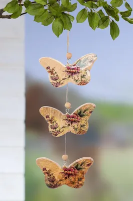 Image de Gilde Girlande, "Florale", Schmetterlingmotiv, Mangoholz, naturfarben, VE 3, L. 2 cm, B. 15 cm, H. 55 cm 52562