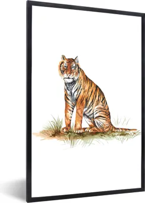 Produktbild von MuchoWow® MuchoWow® Gerahmtes Poster Tiger - Weiß - Gras 60x90 cm - Poster mit zchwarzem Bilderrahmen - Kunst