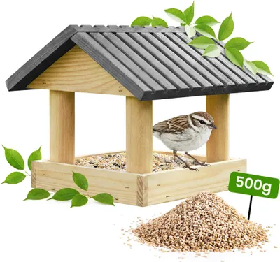 Produktbild von PATKAR Vogelhaus zum Aufhängen - Vogelfutterspender Futterhaus für Vögel - Vogelfutterhaus für Wildvögel Balkon Vogel - 26 x 24 cm - aus Kiefernholz + 500g Futter Gratis