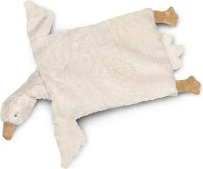 A plush toy goose lying on a white background.