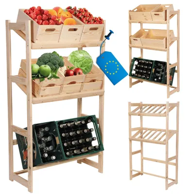 Produktbild von MODO24 Kistenregal Holz, 3 Kistenböden, 3 Getränkekisten, Getränkekistenhalter, Lagerregal, Keller, Massivholz Kiefer, 124,2x70x33 cm, Natur, LSR