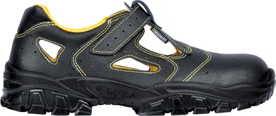 A black and yellow safety sandal is shown against a white background.