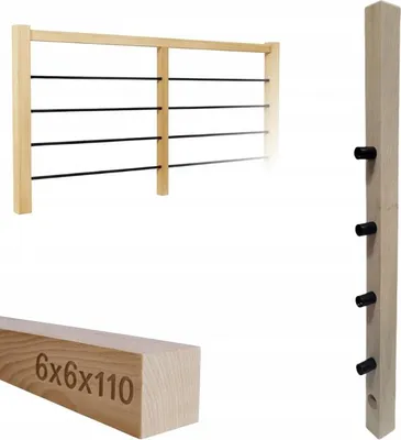 Obrázek produktu pro Čtvercové dřevo - Dřevěný sloupek - pro zábradlí - 6x6x110 cm - Jasanové dřevo - Kompletní montážní sada - Montáž trubek ⌀ 25 mm ve vodorovné poloze