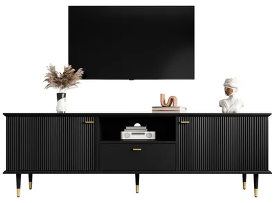 Image de Armoire TV avec compartiments ouverts et tiroirs, surface structurée laquée, charnières Soft-Close