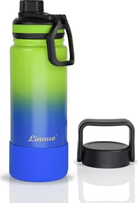 Produktbild von Famanu Trinkflasche für Kinder, Sportflasche, 600 ml, rutschfester Silikonboden mit 2 Deckeln, auslaufsichere Isolierflasche, doppelwandig,