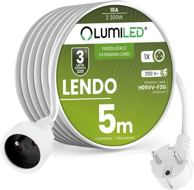 Produktbild von LUMILED robustes und flexibles Verlängerungskabel 5 m Stromkabel H05VV-F 3G 1,0mm² 10A 1-fach Steckdose Typ E PVC für Innen Weiß IP20