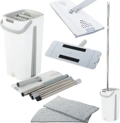 A collage of images showing the components of a mop and bucket cleaning set.
