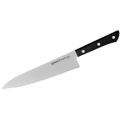 Zdjęcie produktu dla Ząbkowany nóż szefa kuchni Samura HARAKIRI 8,2" - najwyższej jakości japońska stal, czarna rękojeść, precyzyjne narzędzie tnące dla profesjonalistów kulinarnych i domowych szefów kuchni