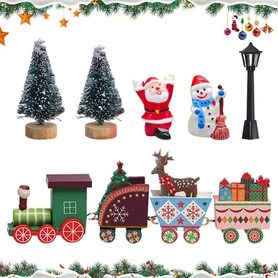 Image de Miniature train de Noël - Ensemble de 7 pièces avec figurines en bois - Décoration pour porte de lutin - 7 pièces