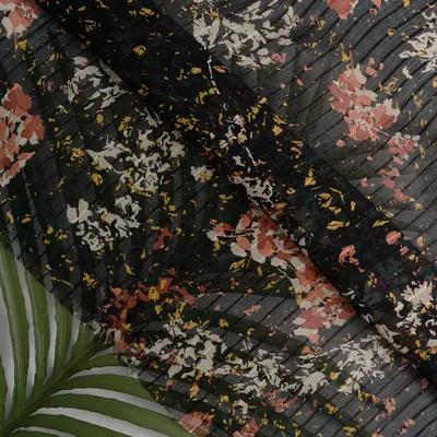 Productafbeelding van Polyesterchiffon met zwarte strepen en bloemenmotieven