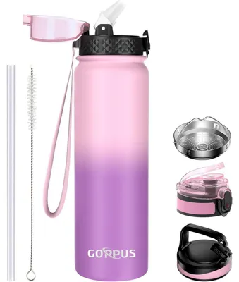 Produktbild von Thermosflasche 1L mit Strohhalm, Edelstahl, auslaufsicher, BPA-frei, Rosa Lila