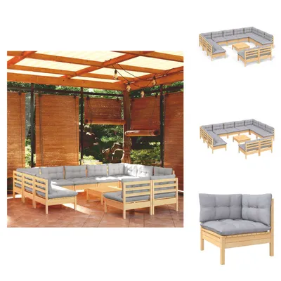 Produktbild von vidaXL 12-tlg. Garten-Lounge-Set mit Grauen Kissen Kiefer Massivholz -  Gartenmöbel-Sets