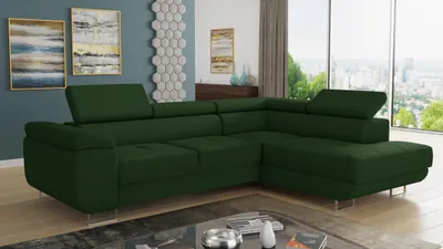Produktbild von Ecksofa Caris mit Schlaffunktion und einstellbare Kopfstützen, Cord Stoff, Wohnlandschaft mit Bettkasten, Couch, Sofa, Bettsofa (Grün (Poso 014), Ecksofa Rechts)