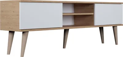 Produktbild von TV-Lowboard Fernsehtisch 160 cm in Weiß – Soft-Close Türen, Stauraum & Kabeldurchlass – Skandinavisch Holzfüße, Holzbeine – Für Fernseher bis 70 Zoll – Micky