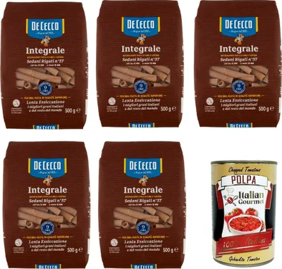 Produktbild von De Cecco Integrale Sedani rigati N° 57, Pasta integrale, Vollkornnudeln, 5x 500g + Italian Gourmet polpa 400g