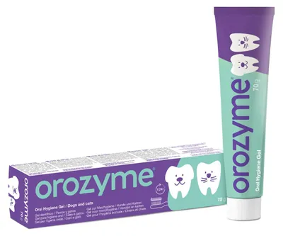 Produktbild von Orozyme Zahnpflege Gel 70 g zur Mundhygiene bei Hund Katze Mundgeruch Leckerlie