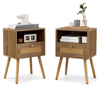 Produktbild von 2er Set Nachttisch mit Schubladen, 40 x 30 x 60,5 cm, Holz Nachtkommode mit Massivholzbeinen, Boho Nachtschrank für Schlafzimmer und Wohnzimmer