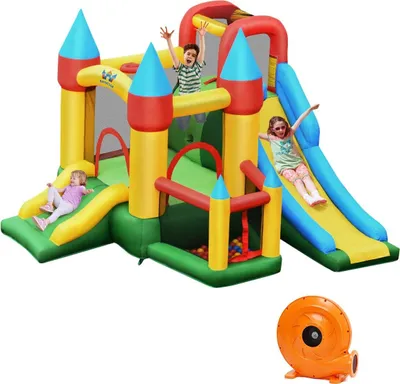 Zdjęcie produktu dla COSTWAY Dmuchany zamek do skakania z dmuchawą 610W 2 zjeżdżalnie Zamek do skakania z 60 kulami oceanicznymi Torba do przenoszenia Tyczki 330x300x210cm
