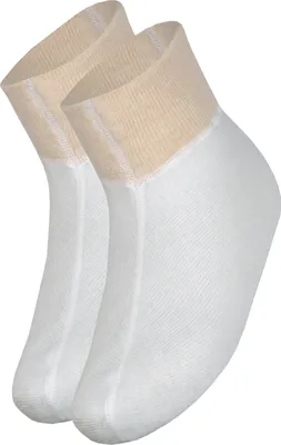 Two white socks with beige cuffs are shown against a white background.