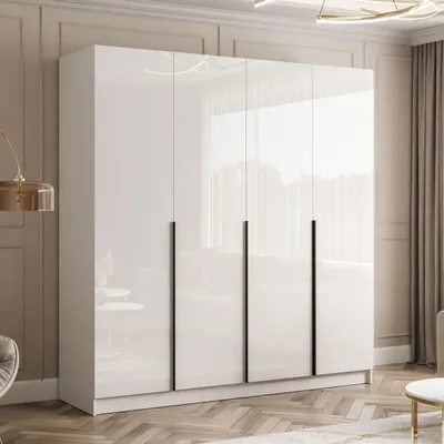Produktbild von Kippbarer Kleiderschrank AUREL 4D Weiß Hochglanz mit schwarzen Griffen