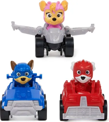 Three Paw Patrol mini vehicles with characters in them, arranged in a triangular formation against a white background.