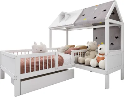 Produktbild von Merax Kinderbett 90x200cm mit Schublade und Zeltstoff, Hausbett mit Rausfallschutz und Lattenrost, Massivholz Einzelbett Jugendbett Spielbett, Weiß