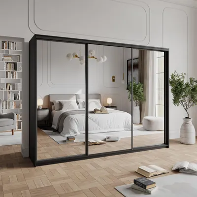 Produktbild von Masseno Schiebetürenschrank RIEN 250/205/60 cm Kleiderschrank mit 4 Schubladen Schlafzimmer Schrank 3-türig mit Spiegel Schwarz