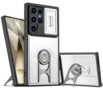 Obrázek produktu pro Pouzdro pro Samsung Galaxy S24 Ultra, Posuvným krytem fotoaparátu a kroužkovým stojánkem, nárazuvzdorné ochranné pouzdro Stříbrná