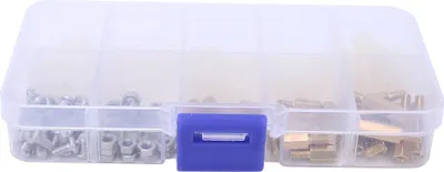 Produktbild von 180-teiliges Sortiment an Messing-Abstandshaltern mit Nylon-/Edelstahl-Sechskantmuttern und Schrauben, M3