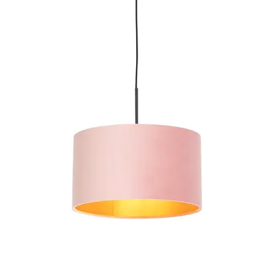 Produktbild von QAZQA - Landhaus I Vintage I Rustikal Hängelampe I Pendellampe I Pendelleuchte mit Veloursschirm rosa mit Gold I Messing 35 cm - Combi I Wohnzimmer I Schlafzimmer - Textil Zylinder I Länglich I Rund -