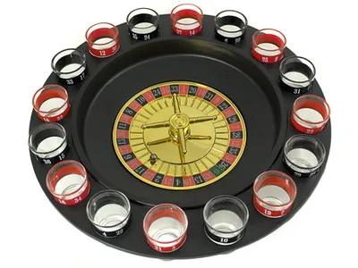 Produktbild von Trinkspiel Roulette Set mit 16 Shotgläsern, 30 cm Durchmesser, rot-schwarz