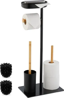 Produktbild von Relaxdays WC Garnitur, Bambus, HBT: 66,5x30x20 cm, freistehender Klopapierhalter, Ablage, Toilettenbürste, schwarz/natur