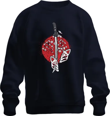Produktbild von Katana Samurai Kitsune Maske Sakura Kirschblüten Japan Sonne Uni Sweatshirt Pullover, Navy, 3XL
