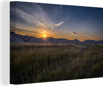 Produktbild von OneMillionCanvasses® - Leinwandbilder - 140x90 cm, Die Sonne geht hinter den Bergen unter, Wandbilder Kunstdruck Wanddekoration - Foto auf Leinwand - Gemälde auf Holzrahmen