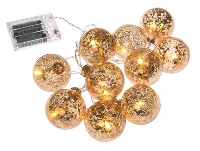 A string of champagne-colored LED ball lights with a battery pack.