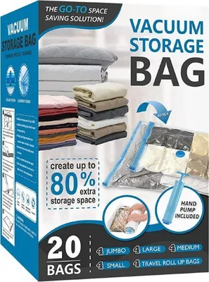 Produktbild von 20er Pack Vakuumbeutel für Kleidung mit Luftdichtem Ventil und Handpumpe - STORAGEBAG