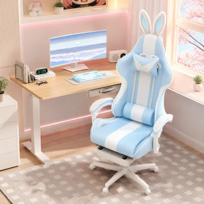 Produktbild von Gaming Stuhl Blau mit Fußstütze, Ergonomischer Gaming Chair Stoff mit Katzenohren und Schwanz, Massage-Lendenkissen, Höhenverstellbar