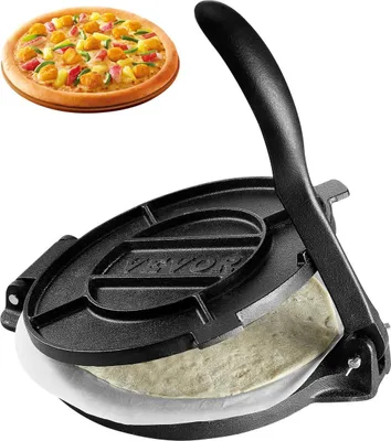 Produktbild von Tortillapresse, 10-Zoll-Tortilla- und Roti-Maker, robuste Tortillapresse aus Gusseisen, vorgewürzte Pataconera-Maschine mit 100 Stück Backpapier, Teigmaschine für Mehltortillas, Tawa, silberfarben