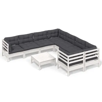 Produktbild von 9-tlg. Garten-Lounge-Set mit Kissen Weiß Kiefernholz