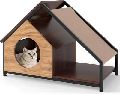 Immagine prodotto di Casetta per gatti COSTWAY, 2 in 1 grotta per gatti e letto per gatti a forma di casa, villa per gatti con veranda e tetto rimovibile, arredamento per gatti, 84 x 43 x 58,5 cm, marrone