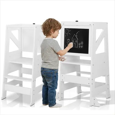 Produktbild von Lernturm für Kinder mit höhenverstellbaren Ebenen, Kreidetafel zum Zeichnen, weiß