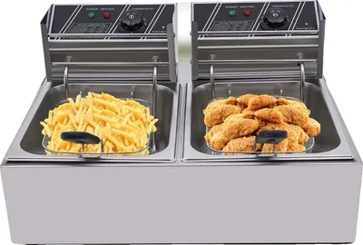 Obrázek produktu pro Elektrická fritéza, příkon 3200 W, kapacita 127 QT, teplotní rozsah 140°F-392°F, konstrukce z nerezové oceli, dvojité fritovací koše