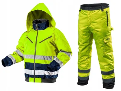 A high-visibility work jacket and pants set.