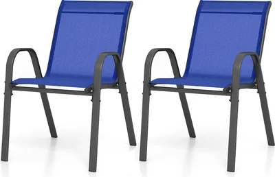 Produktbild von GOPLUS 2er Set Gartenstühle stapelbar, Bistrostuhl Balkonstuhl aus Textilene bis 150kg, Stapelstuhl mit Rückenlehne und Armlehn, Blau