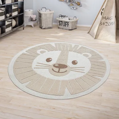 Produktbild von Kinderteppich Kinderzimmer Outdoorteppich Rund Spielteppich 3D Effekt Löwe Beige Grösse Ø 160 cm Rund