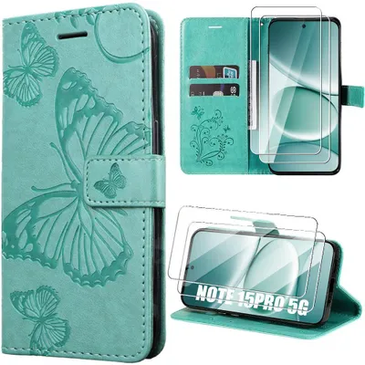 Image de Coque + 2 Verres Trempés pour Xiaomi Redmi Note 15 Pro 5G, Antichoc Synthécuir Motif Papillon Vert